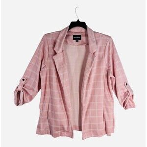 Haute Monde Women's Large Pink Plaid Knit Blazer Roll Tab Sleeves Side Pockets